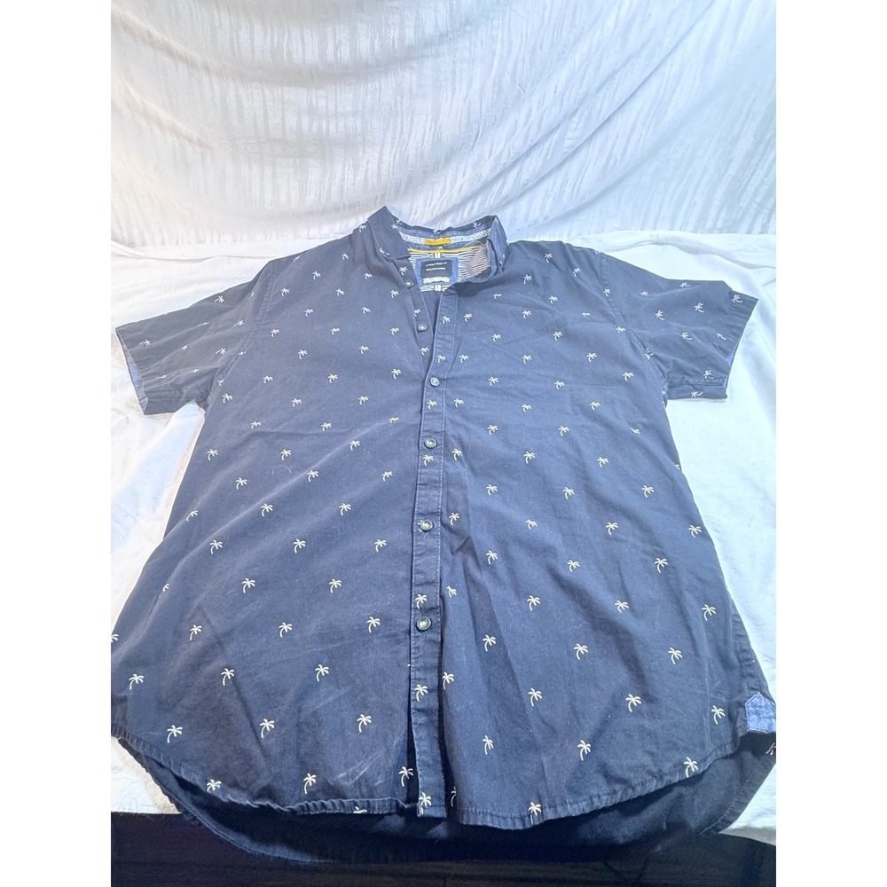 Denim & Flower Ricky Singh Mens Large Navy Blue Palm Tree Embroidered Shirt SS
